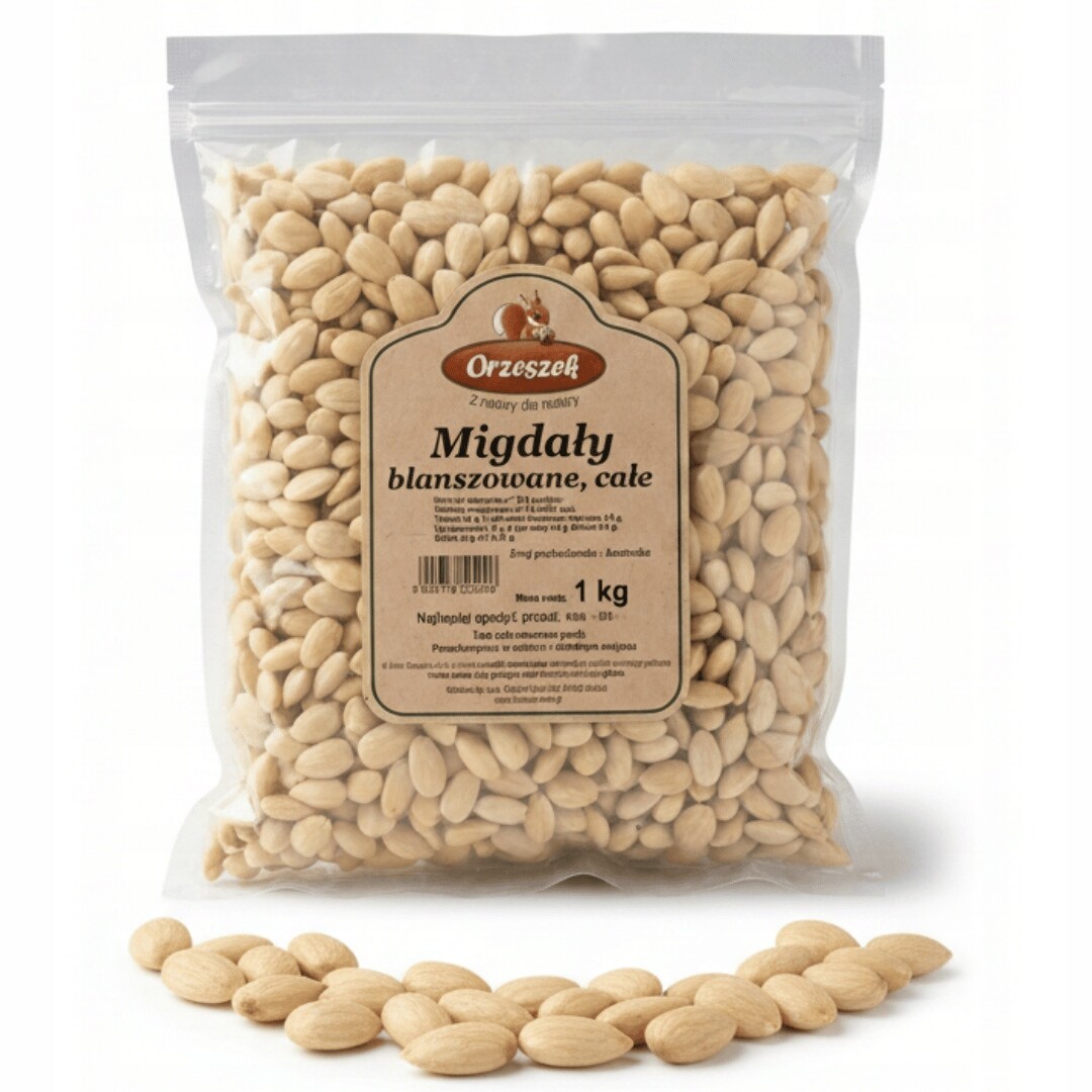 Kalifornské mandle celé blanšírované oloupané Orzeszek 1 kg 1000 g