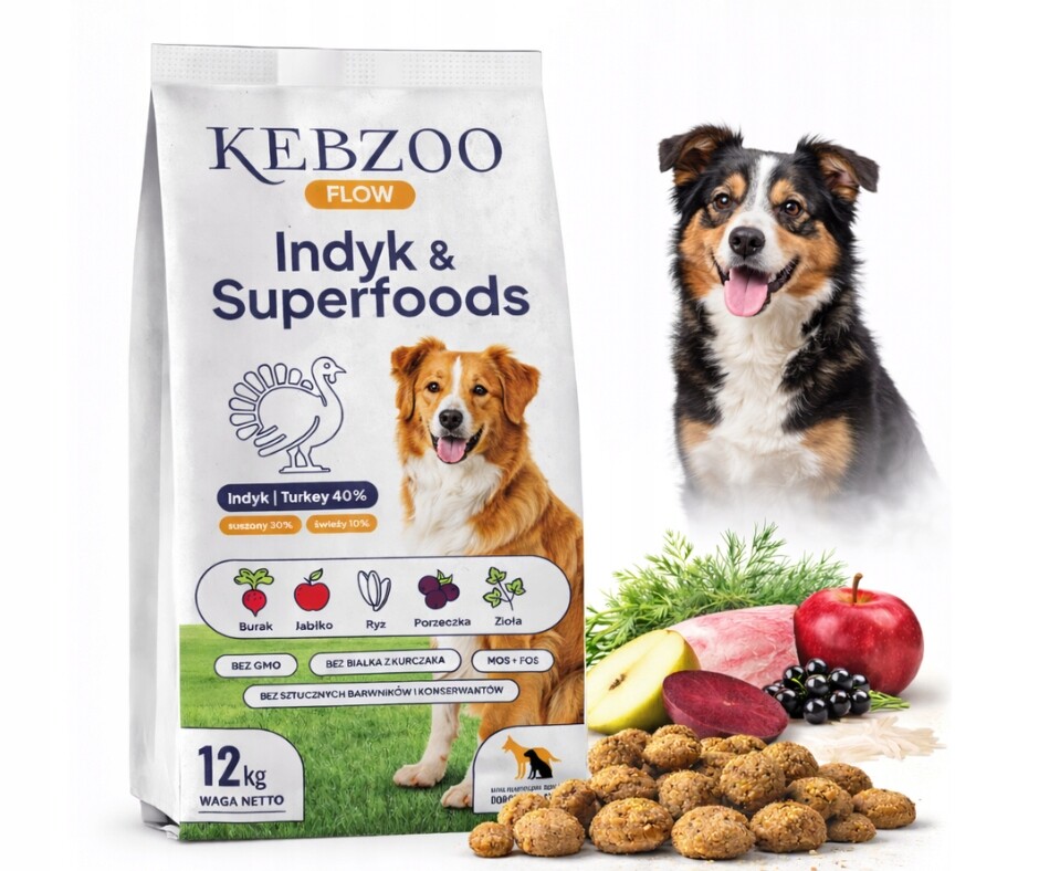 Krmivo pro psy Kebzoo Flow Krůta&Superpotraviny 12 kg