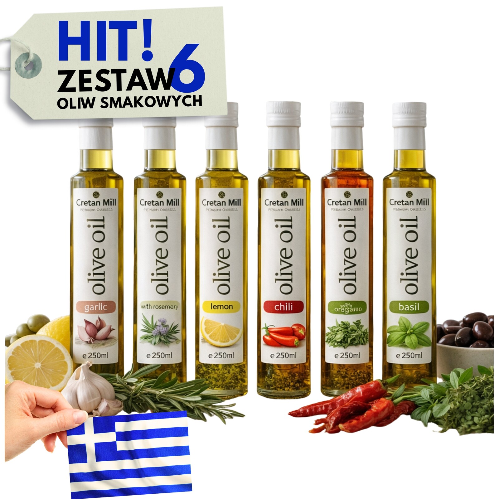Sada! 6X Olivový Olej Řecké Bylinné Oleje 6x250ML Cretan MILL