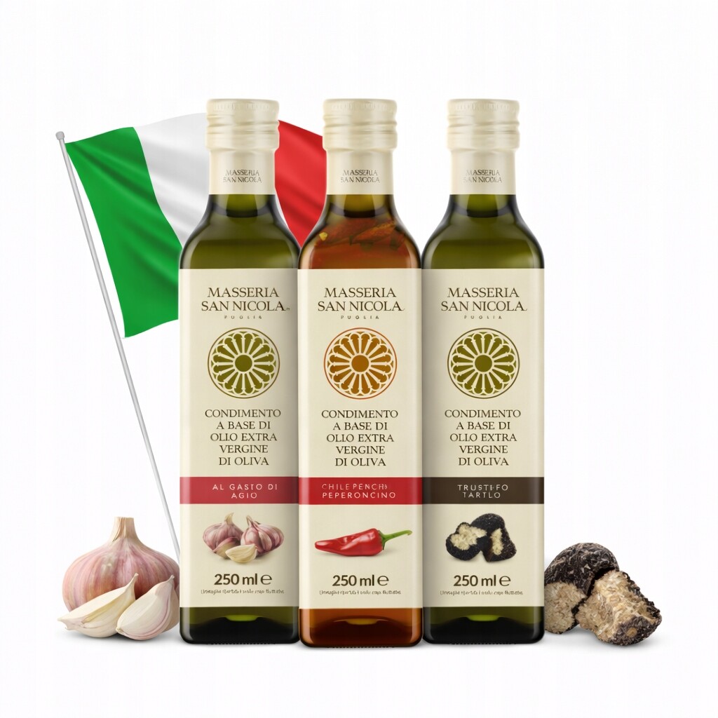 Italský set extra panenského olivového oleje s česnekovým lanýžem, pikantní