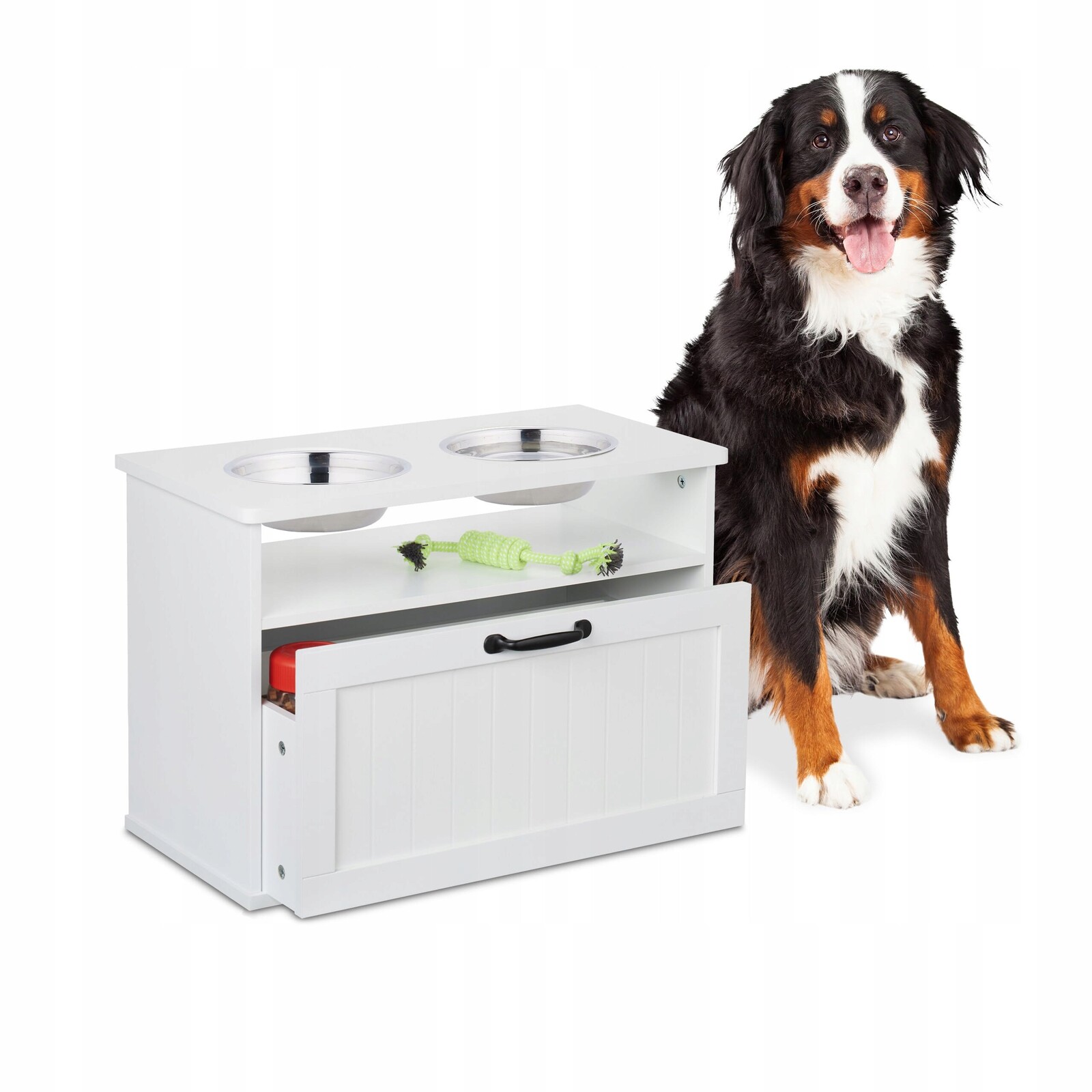 Relaxdays Krmící stanice pro psa se dvěma miskami a úložným prostorem, bílá