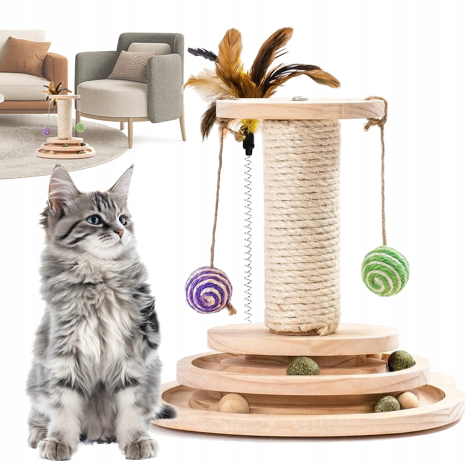Drapak Dřevěná Hračka Sloupek Škrabadlem A Pírkem Interaktivní Pro Kočky
