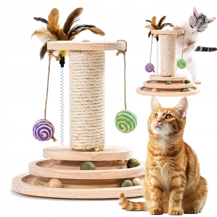 Škrabadlo Pro Kočky Dřevěná Hračka S Tříúrovňovým Otočným Talířem