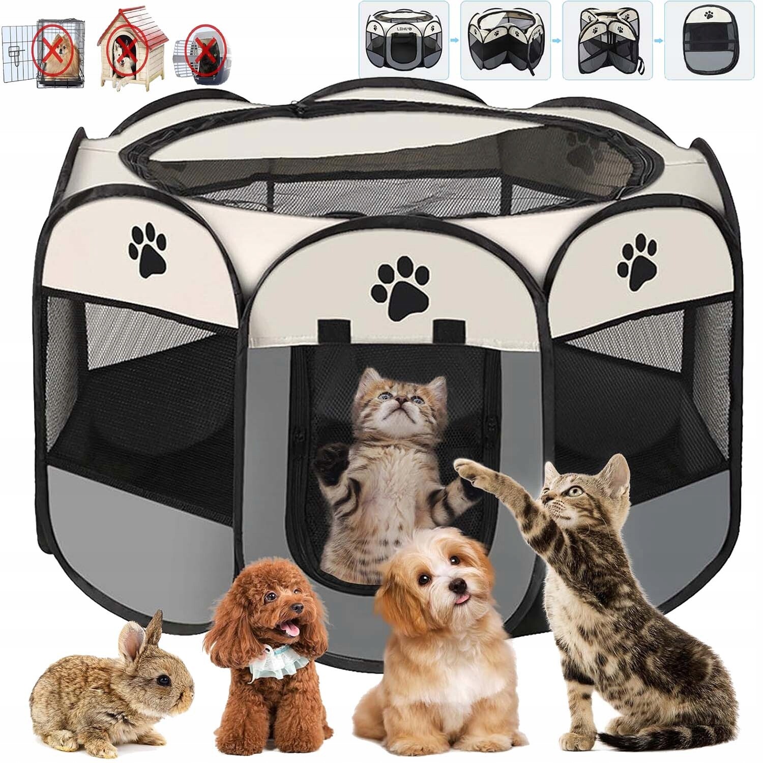 Skládací Lehká Kotec Pelíšek Pro Psa Kočku Klec Do Domu 74X74X43 CM Šedá