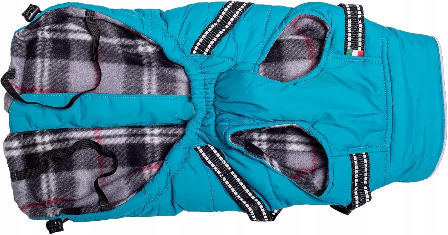 Voděodolný zimní kabát pro psa s tyrkysovým fleecovým postrojem velikost L