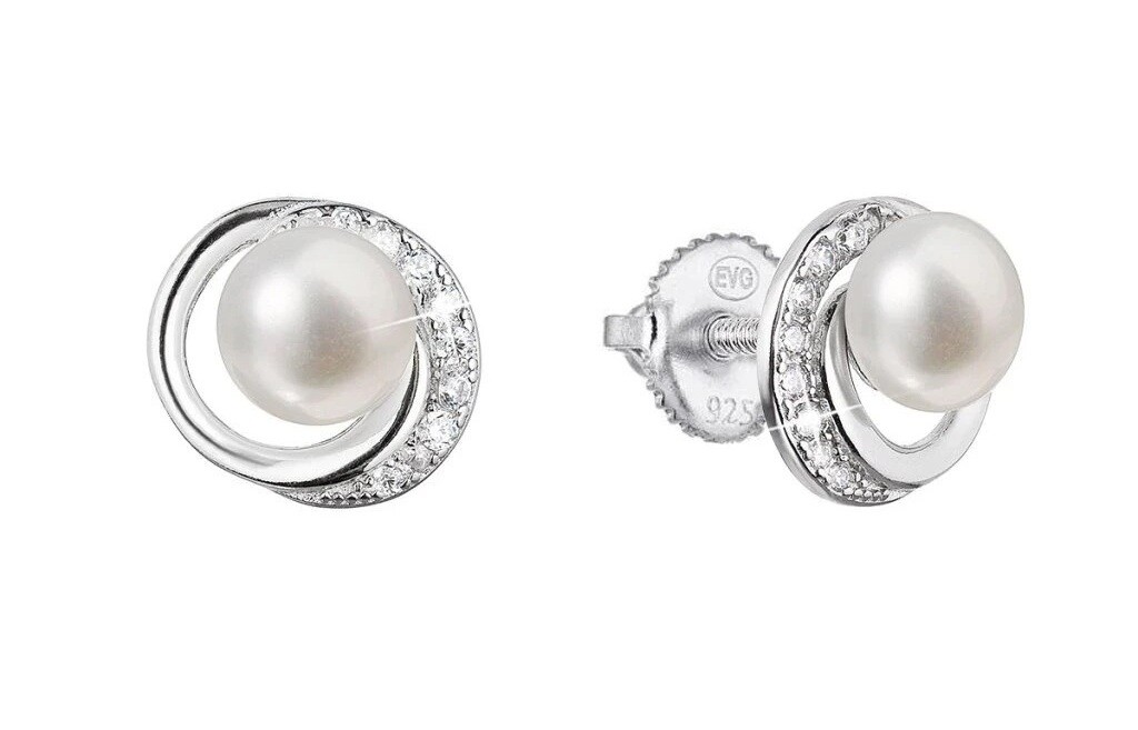 Evolution Group - Pavona Stříbrné náušnice pecky s kulatou říční perlou a zirkony 21098.1S