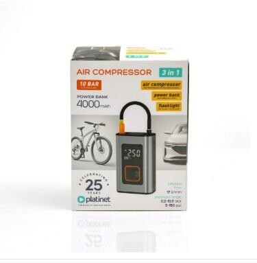 PLATINET Kompresor 10 bar s powerbankou 4000mAh a svítilnou ( mini el pumpa na kolo - auto)