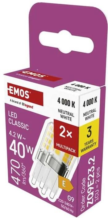 Emos LED žárovka Classic JC / G9 / 4,2 W (40 W) / 470 lm / neutrální bílá / 2 ks