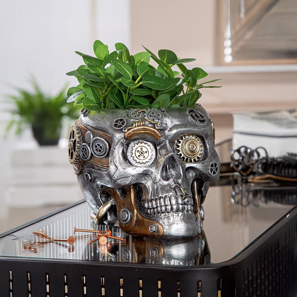 Steampunk květináč Lebka
