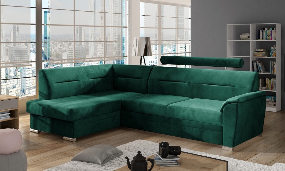 Rohová sedačka NEJBY WILUNA se záhlavníkem, levá, voděodolná látka Monolith 37, zelená