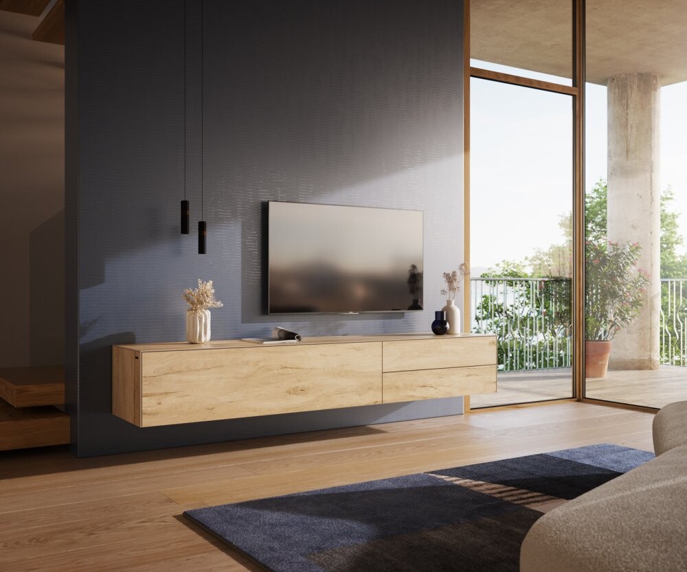 TV stolek Cuor 220 cm keramika Laminam® Sabbia dubová 1 výklopná