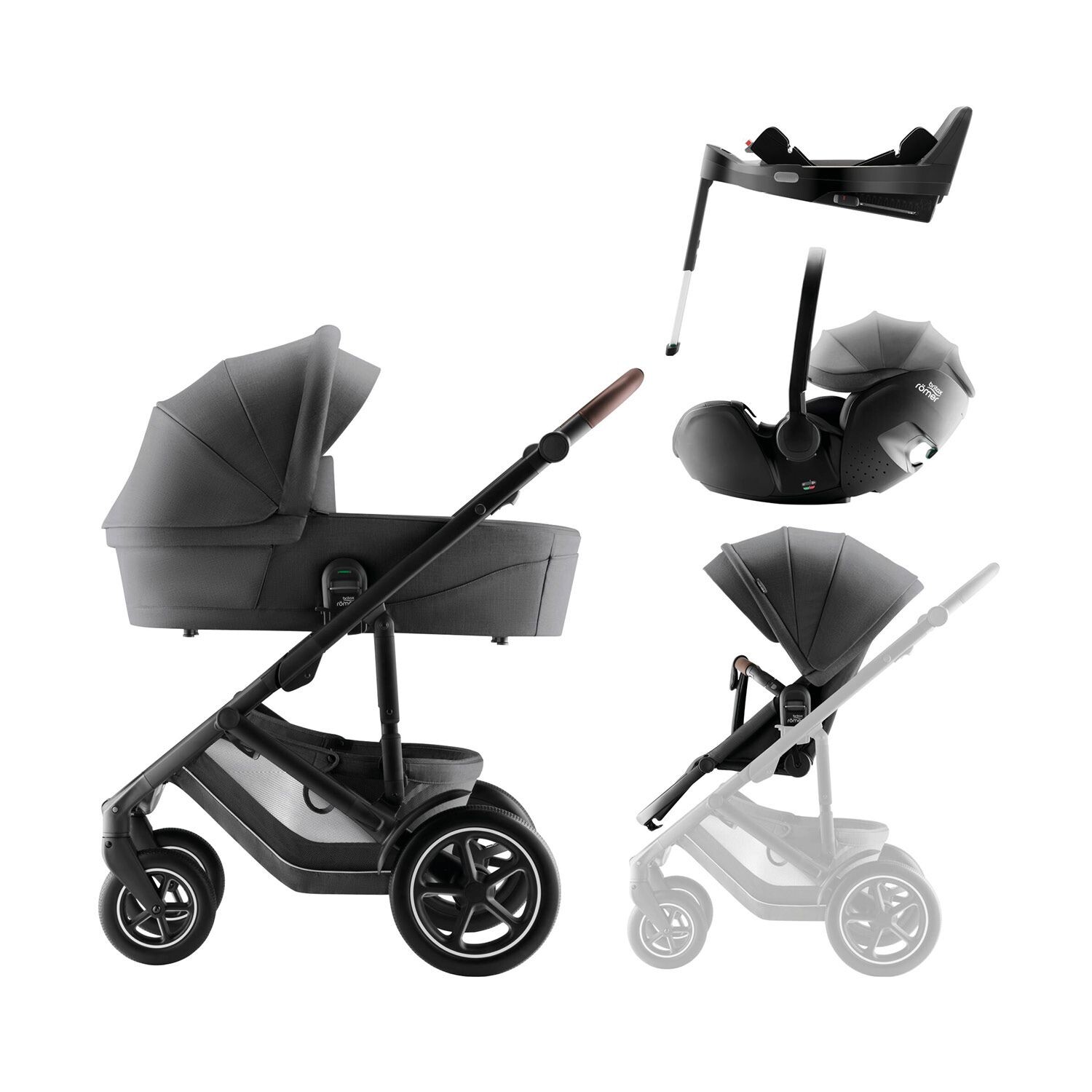 Britax Römer SET 4v1 kočárek Smile 5Z + hluboká korba + autosedačka Baby-Safe PRO + Vario Base 5Z Style, Mineral Grey