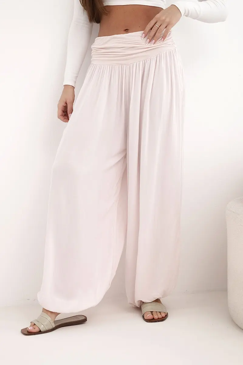 Dámské viskózové kalhoty s řasením béžové