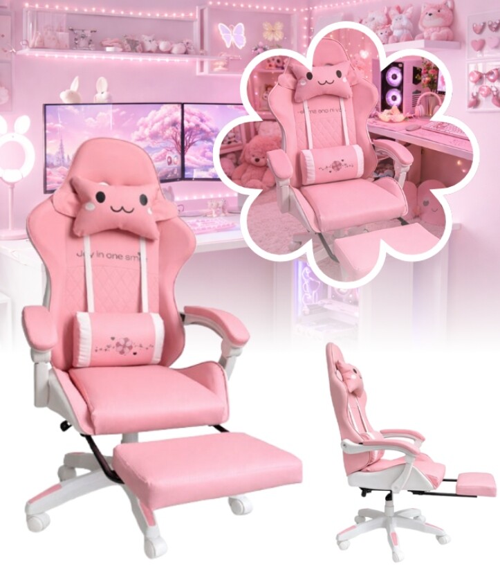 Herní Křeslo S Podnožkou, Růžová, Bílá, Otočná Kancelářská Nádoba