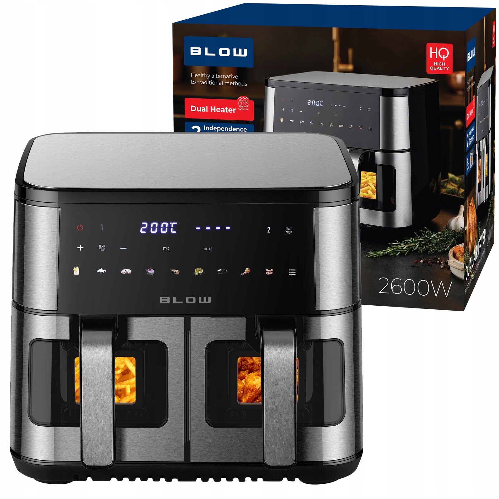 Air Fryer Dvoukomorová Beztuková Fritéza XXL 9 L 2 Výkonná Topná Tělesa 2600