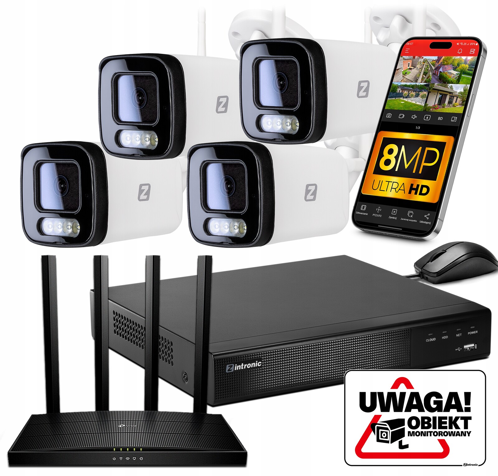 Sada Monitorování 4X Tubová Ip kamera WiFi 8MPx Detekce lidí bez disku