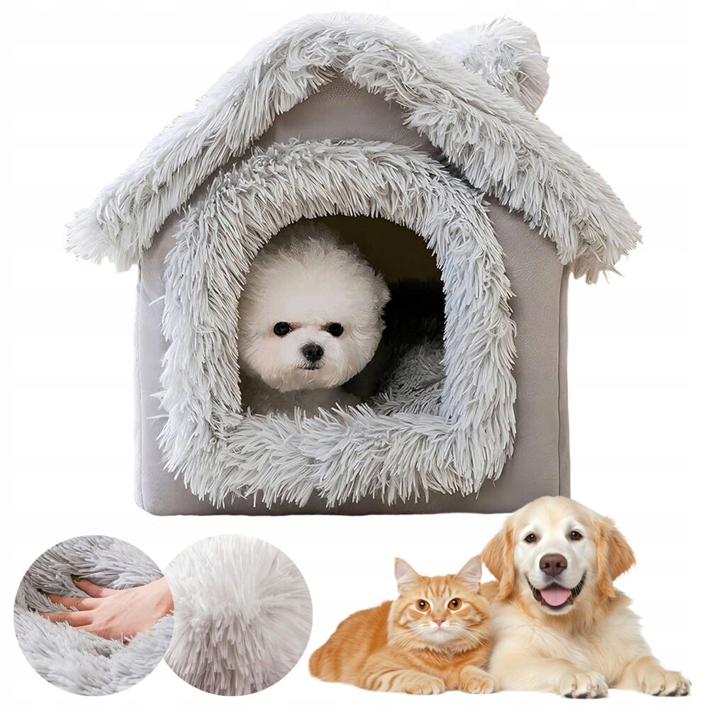 Pelíšek s dlouhým vlasem pro kočky s odnímatelným víkem, šedé