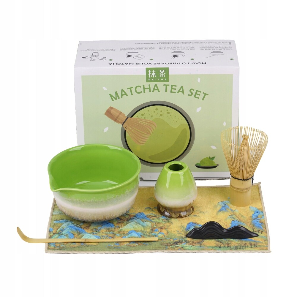 Sada na čaj Matcha 6 El. Keramická miska Stojan Utěrka Zelená