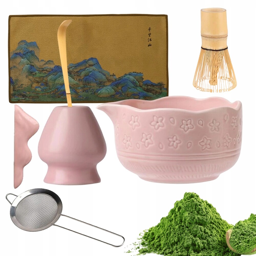 Sada Na Matcha Keramická 450 ML Růžová S Přírodním Bambusem