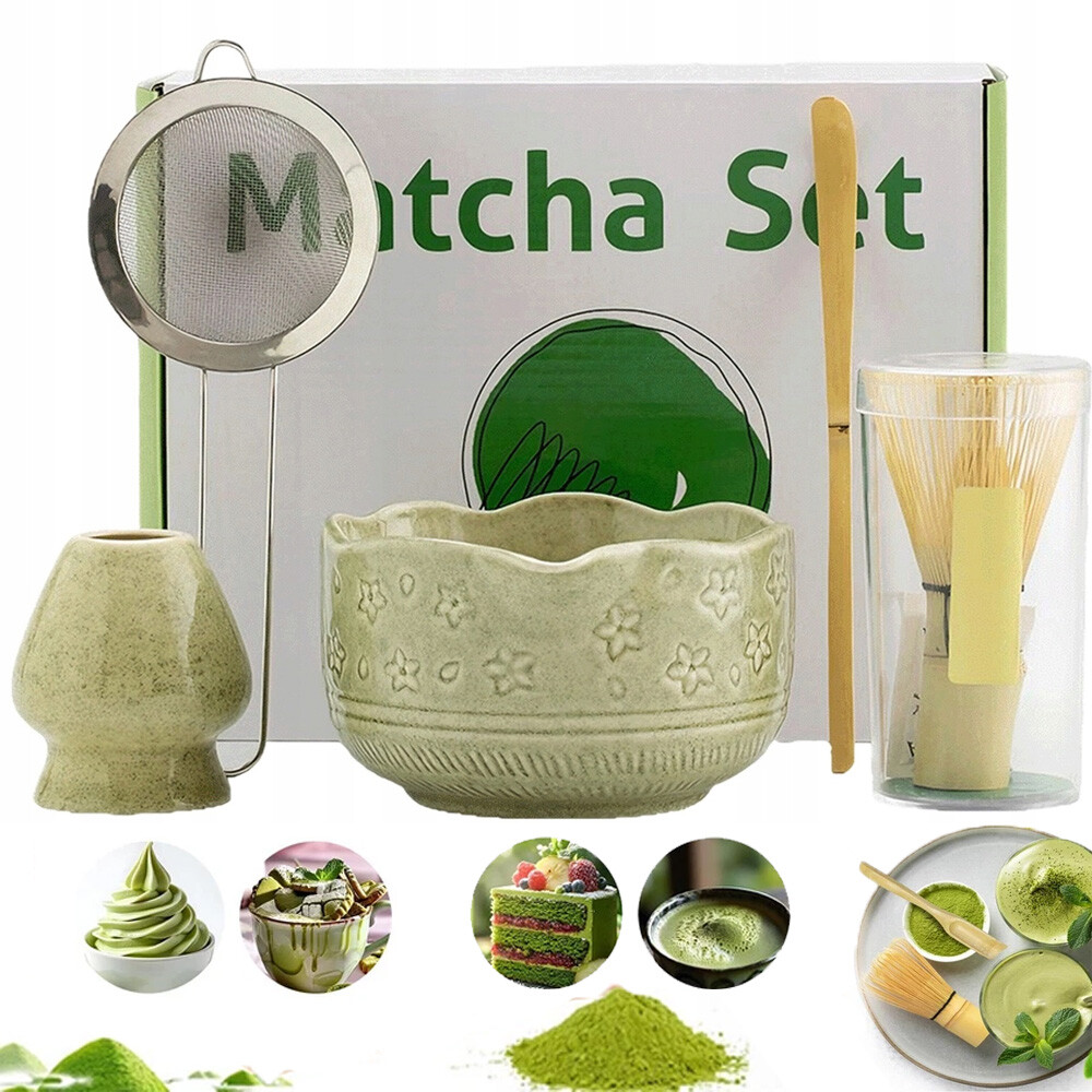 Tradiční Sada Matcha Keramika Bambus Zelená S Miskou A Šlehací Metlou