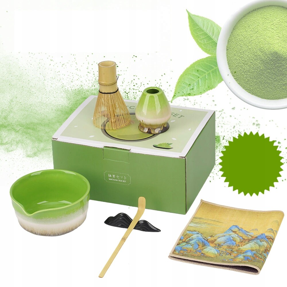 6-DÍLNÁ Sada Na Matchu: Keramická Miska, Chasen, Stojan, Zelená Barva