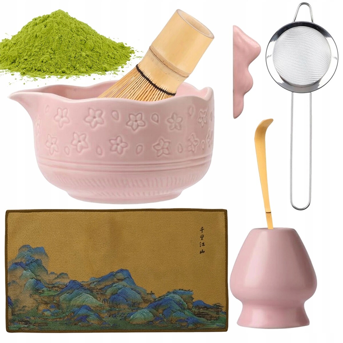 Kompletní růžová sada pro Matcha s keramickou miskou 450 ml a metličkou