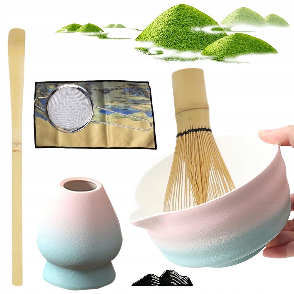 Sada Matcha Miska, Šlehací metla, Lžíce, Sítko, Ručník Růžový Gradient