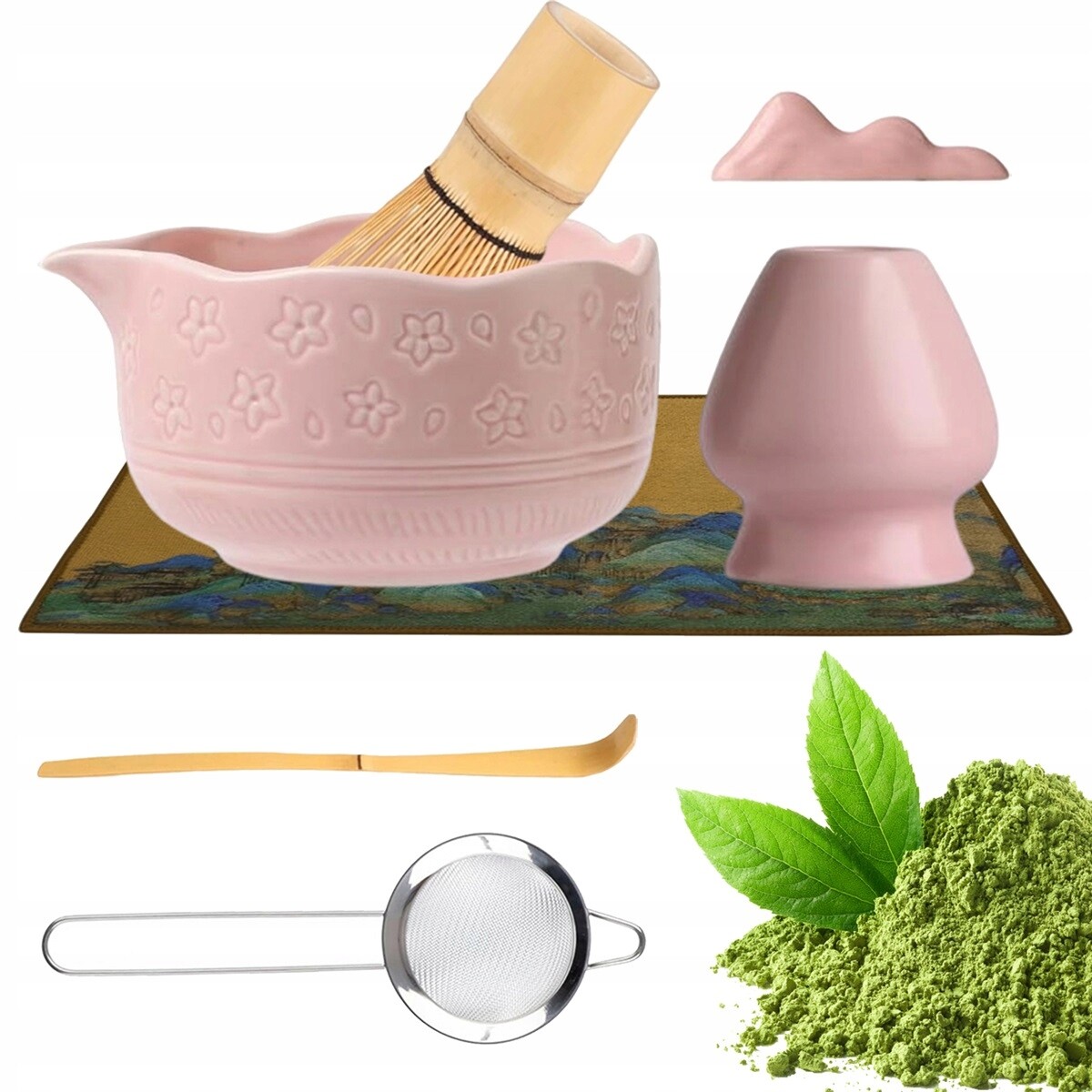 Růžová sada pro Matcha s bambusovou metličkou a kompletní sadou
