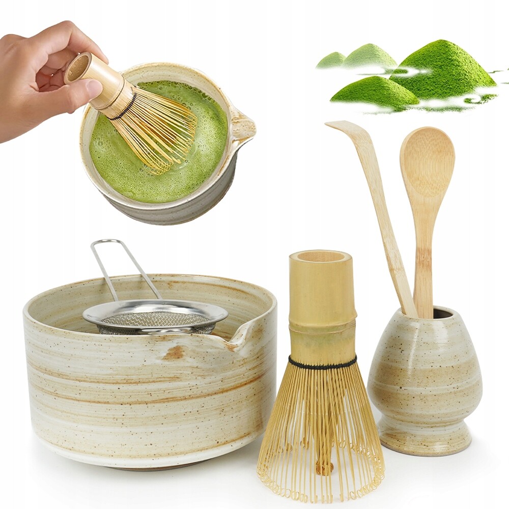 Sada pro Matcha z keramiky 6 prvků v žluté barvě s bambusem