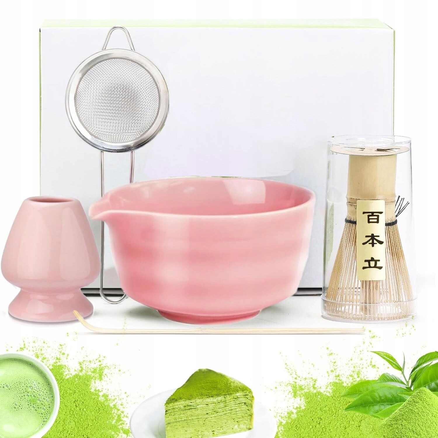 Růžová sada na vaření Matchy Keramická miska Bambusová metlička Filtr
