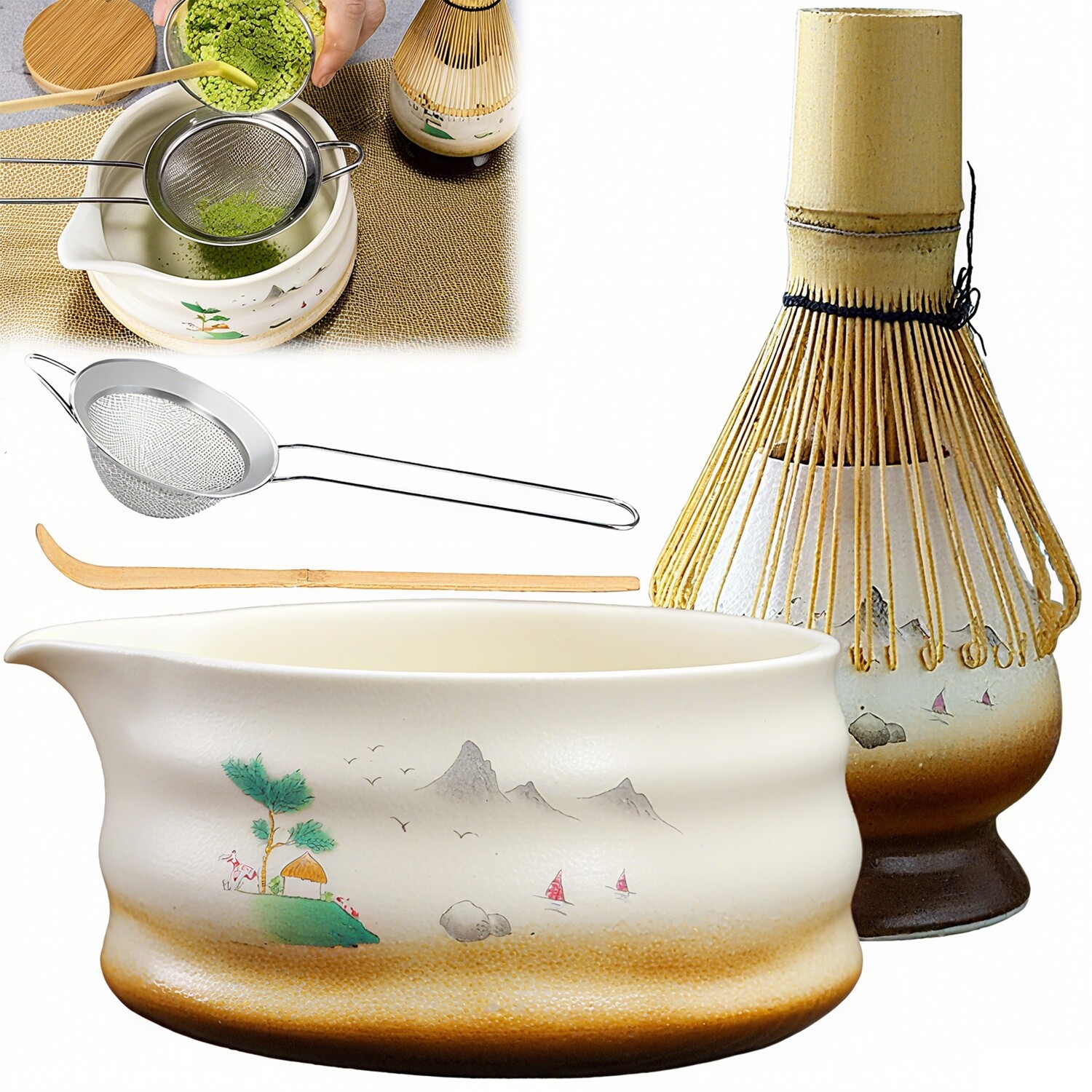 Kompletní sada pro obřad Matcha se lžičkou a sítkem, ideální jako Dárek