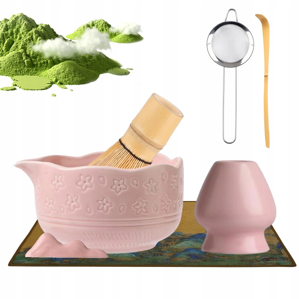 Sada Na Matcha Keramická Růžová 450 ML Kompletní S Ručníkem