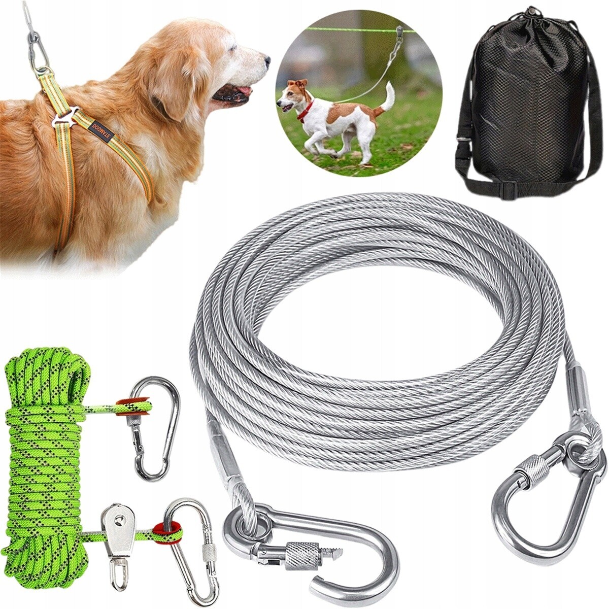 Běžecký Kabel Pro Psy 15.1 M Ocelový S Úložnou Taškou, Zelený