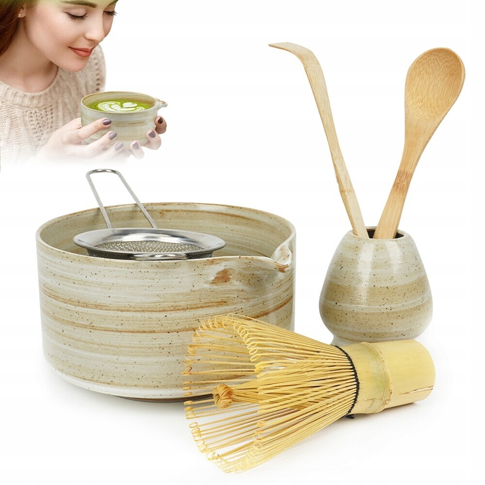 Kompletní keramická sada Matcha s držákem na metličku, žlutá