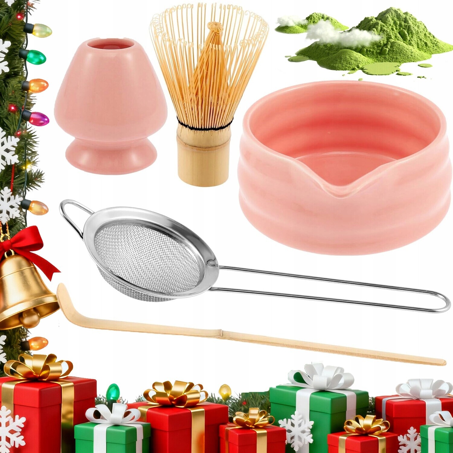 Růžová sada Matcha Premium Bambusová keramika Chasen Kompletní jako Dárek