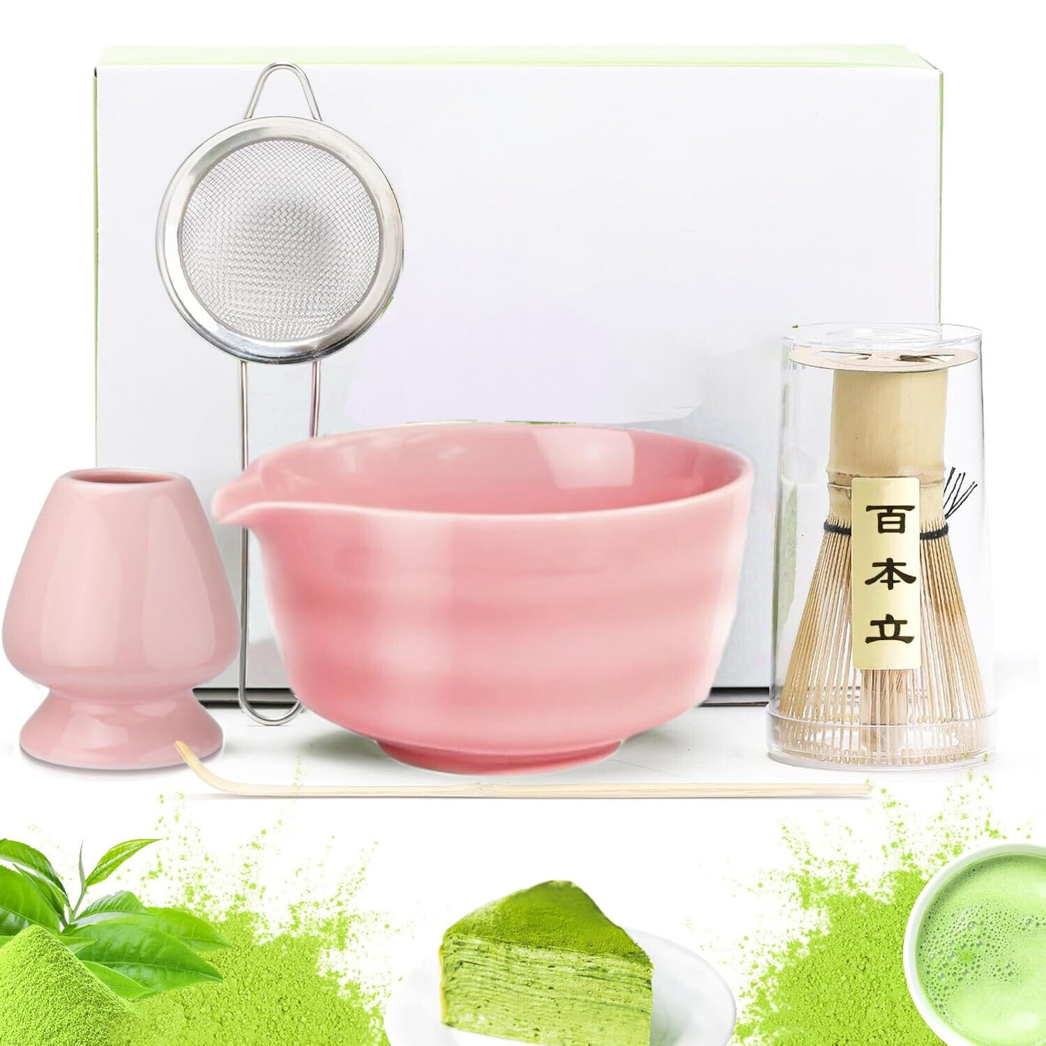 Růžový Čajový Set Matcha Chasen, Šálek, Lžíce, Filtr, Dárek