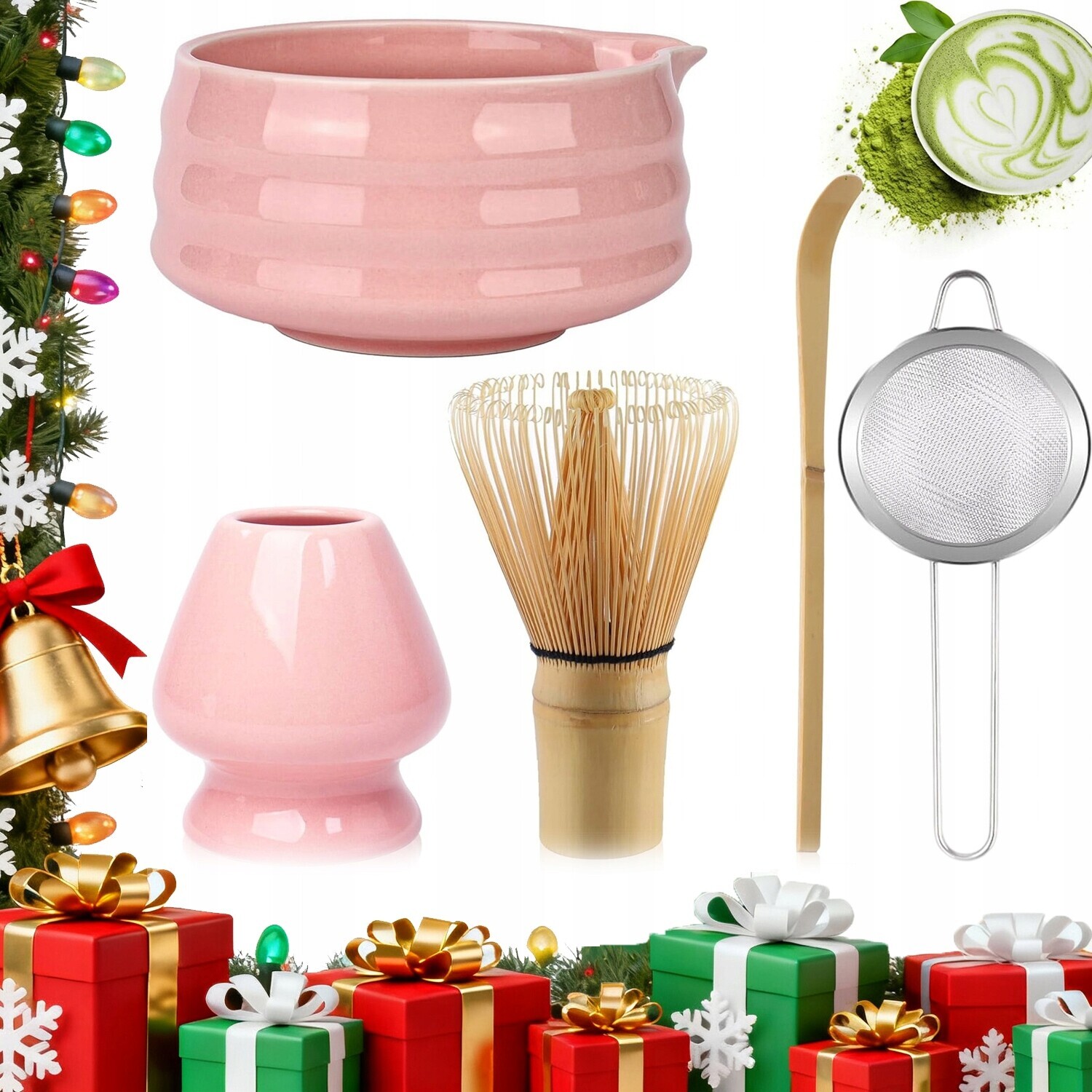 Elegantní Sada Matcha Jako Dárek Růžová Keramika Bambus Chasen Příslušenství