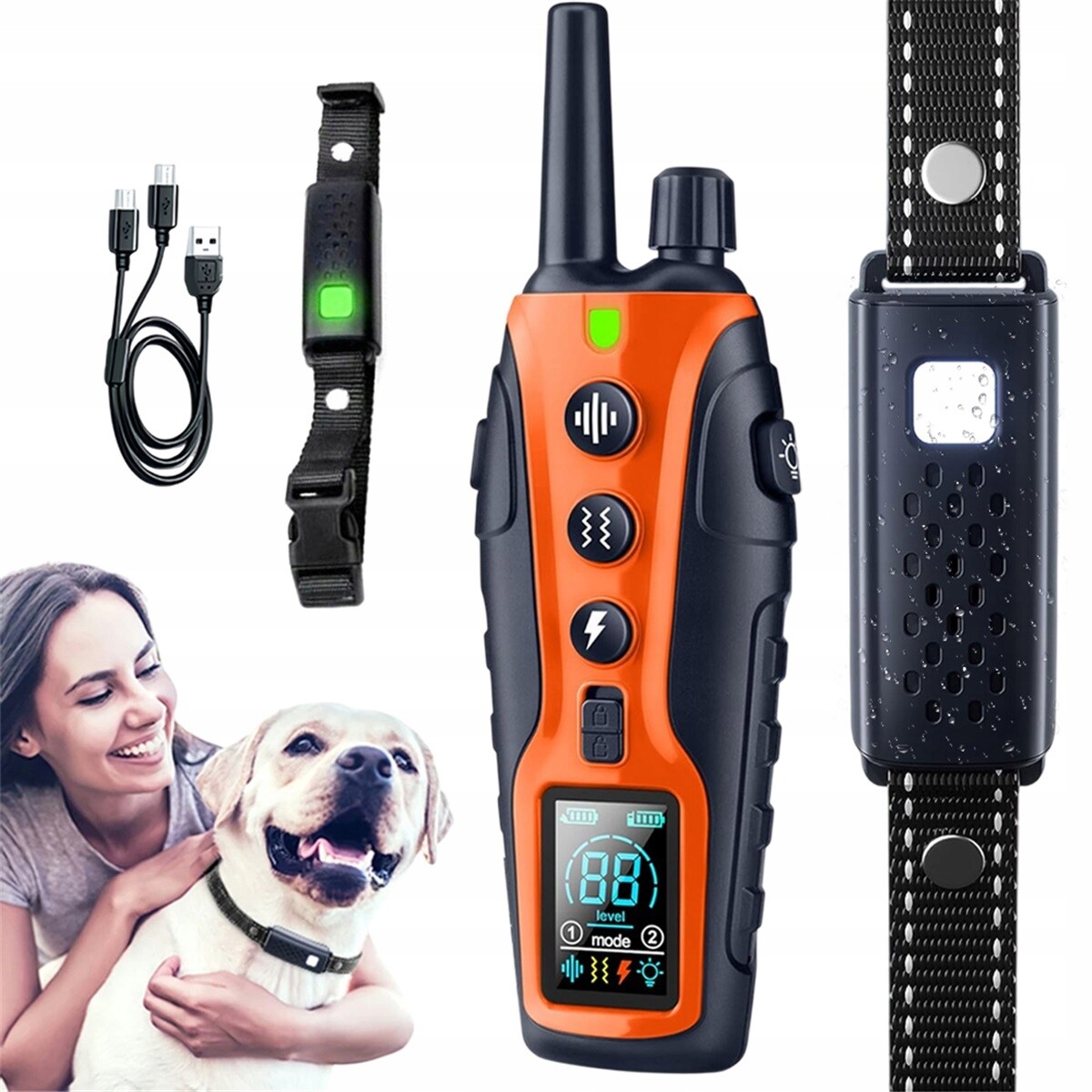 Výcvikový Obojek Shock Vibrace 16 Úrovní Led Oranžovo-černý