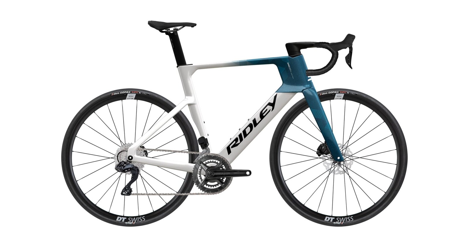 Ridley E-Noah Shimano 105 Di2 - White / Black / Petrol Blue Metallic Velikost: XS