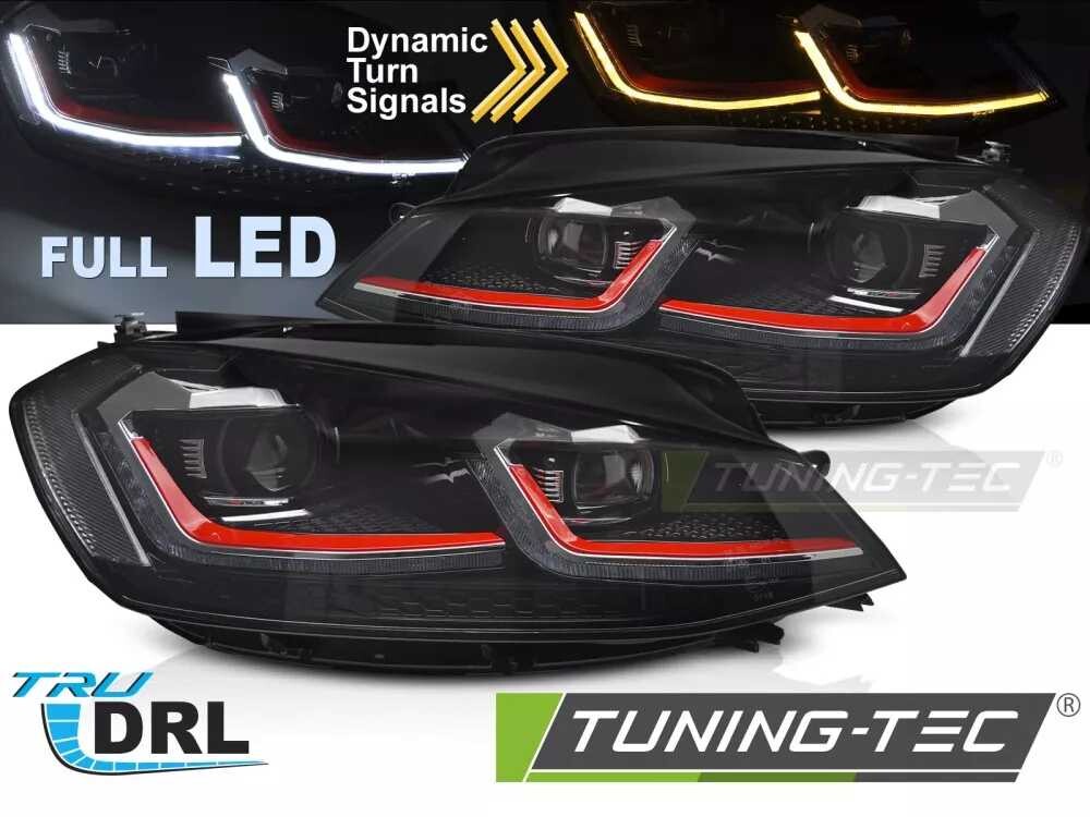 SVĚTLOMETY FULL LED ČERVENÉ SEQ DRL pro VW GOLF VII 17-19