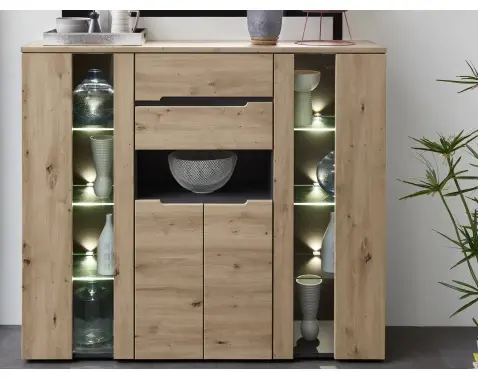 Vysoká komoda s osvětlením Memphis, 145 cm, dub artisan/grafit