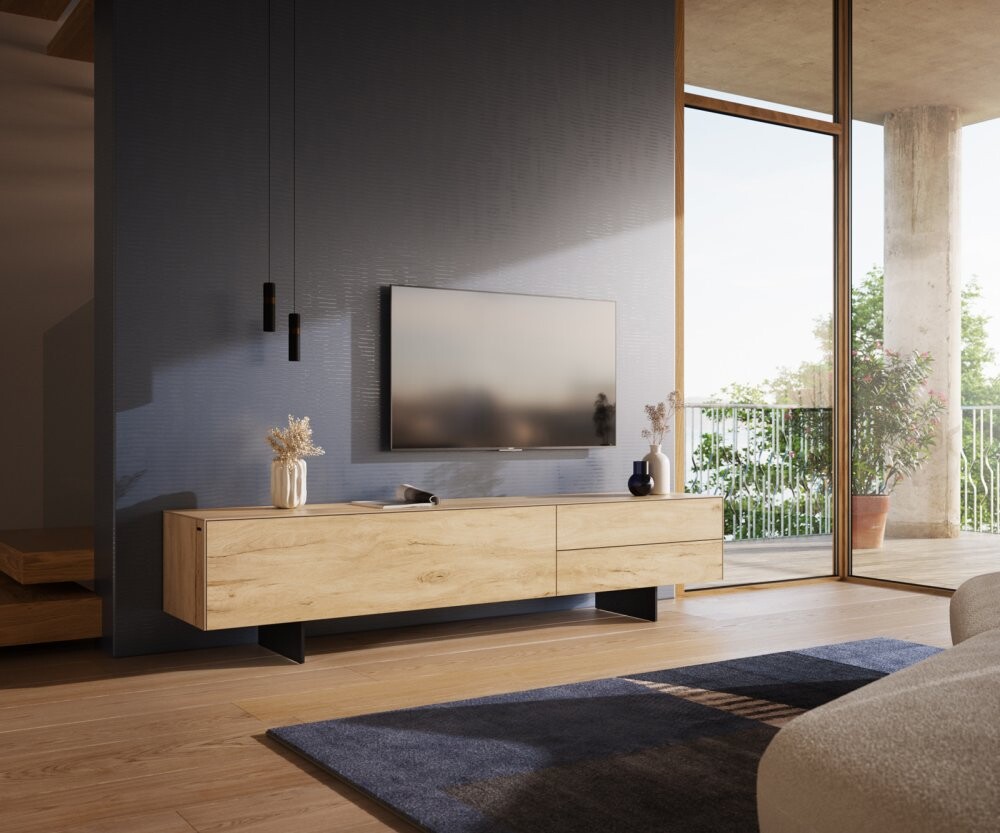 TV stolek Cuor 220 cm keramika Laminam® Sabbia dubová barva 1 výklopná