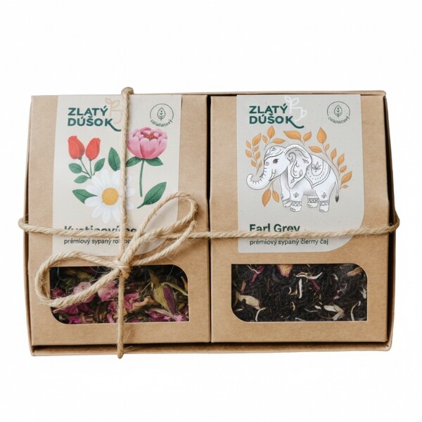 Dárková krabička se 2× sypaným čajem převázaná provázkem