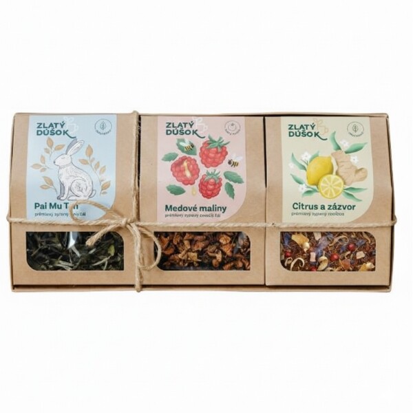 Dárková krabička na 3× sypané čaje převázaná provázkem