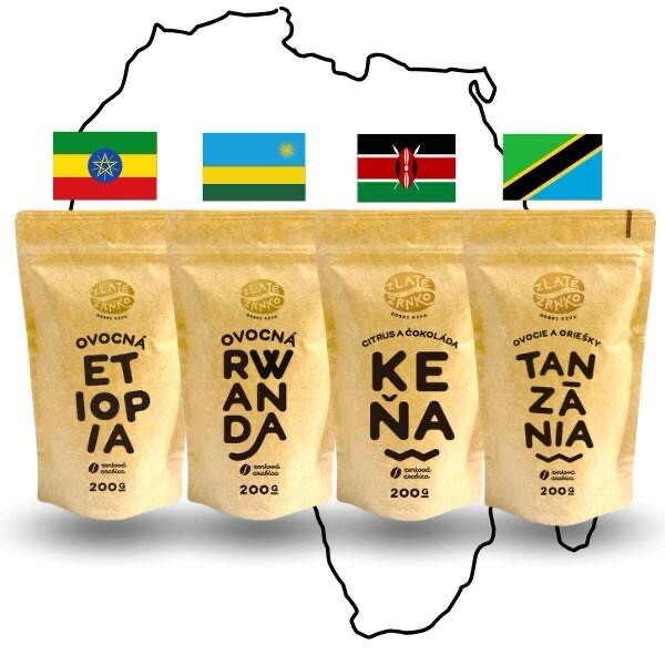 Káva Zlaté Zrnko – Balíček ovocných káv z Afriky 800 g (Etiopie, Rwanda, Keňa, Tanzanie)