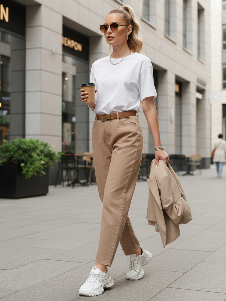 Béžové rovné džíny s vysokým pasem