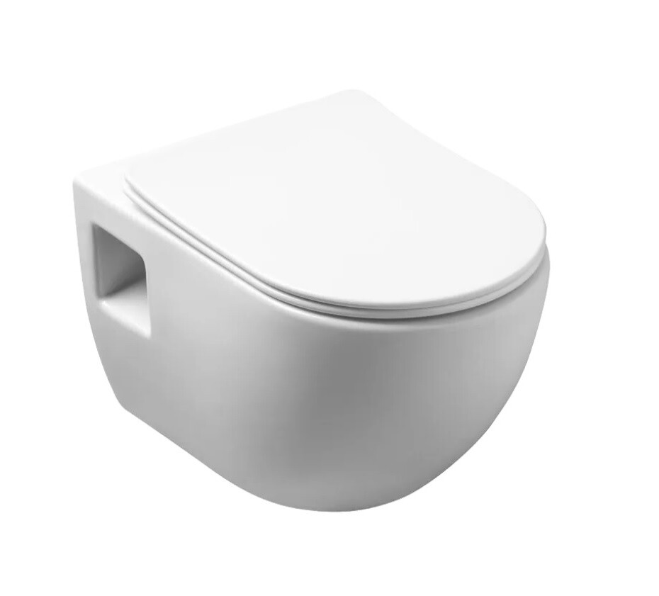 SARM RIMLESS, wc mísa s viditelným zavěšením 36 x 51 cm, bezokruhové splachování, včetně sedátka, bílá