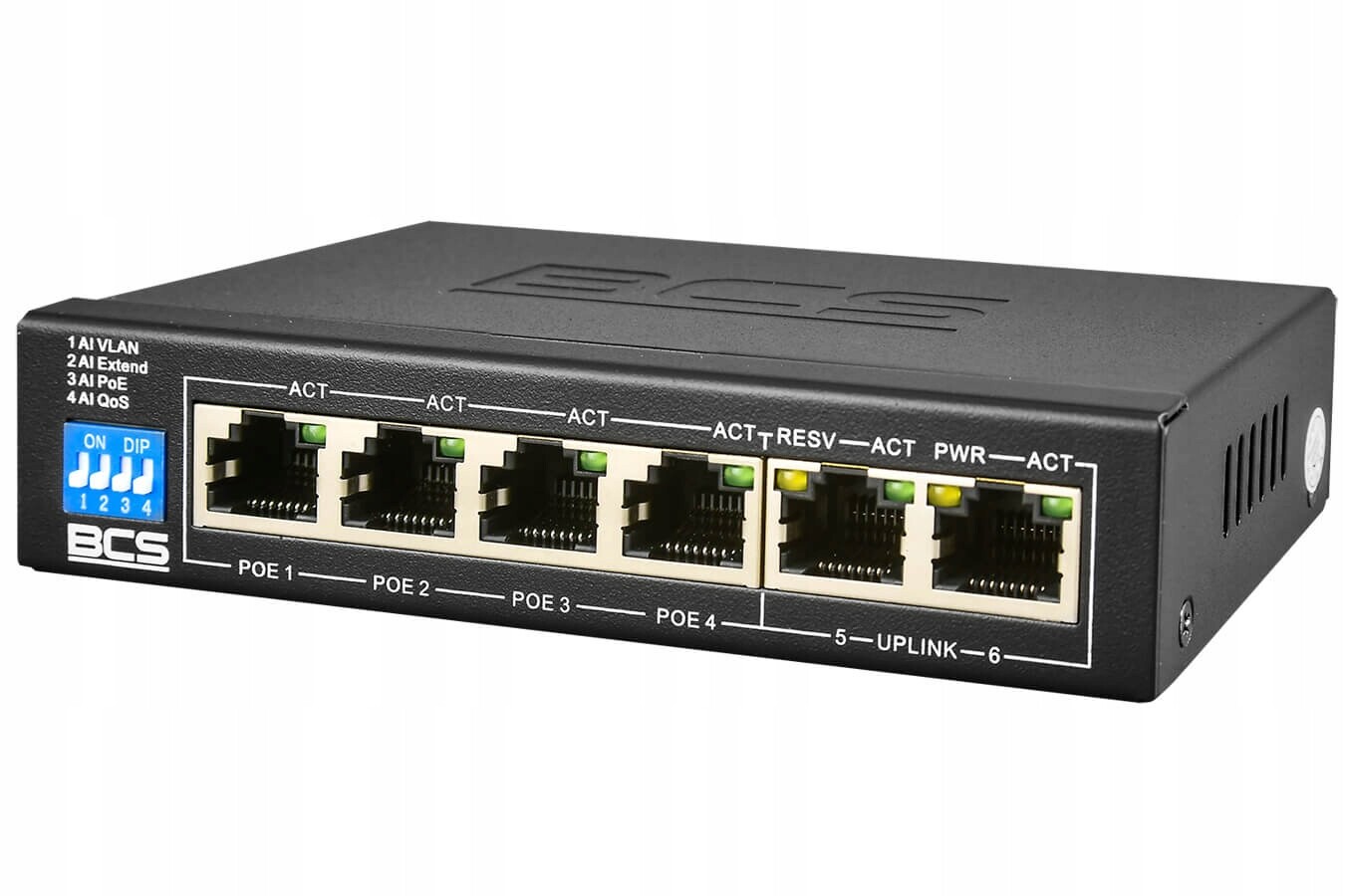 Switch PoE 4xPoE pro akmery 2x Lan BCS-B-SP0402 60W Funkce Extend