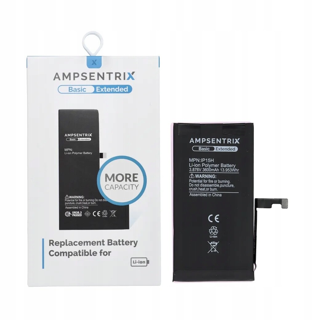 AmpSentrix Basic baterie pro iPhone 15 (zvýšená kapacita 3600 mAh)