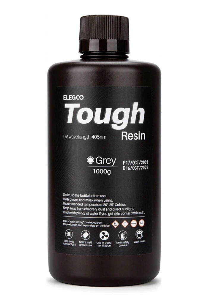 Uv pryskyřice Elegoo Tough Grey Šedá Odolná 1 kg 1 l pro 3D tiskárnu